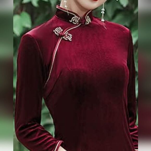 Elegant Velvet Burgundy 3/4 Sleeve Side Slits Cheongsam Dress sz L Whimsigoth - Picture 5 of 13